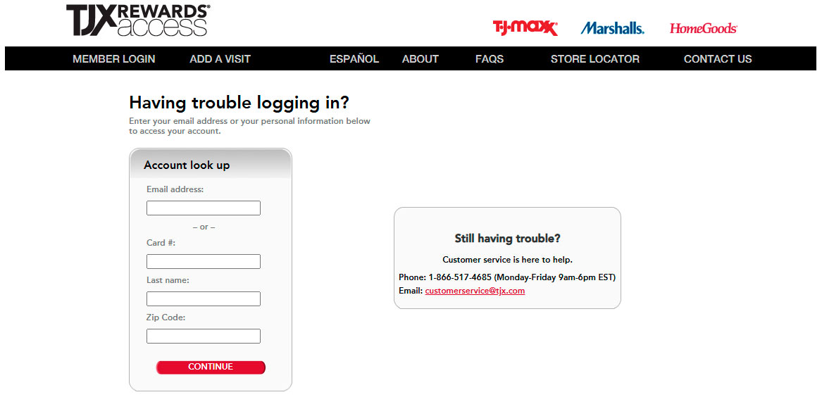 TJX Rewards login issues - customer service